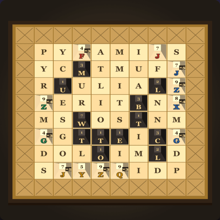 The board late in a game, mostly cleared with a few pyramids left