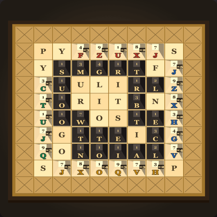 The board mid-game, with gaps opening where words were played